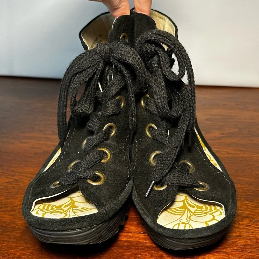 Fly London Tily Black Leather Platform Wedge Sandals Size 39
